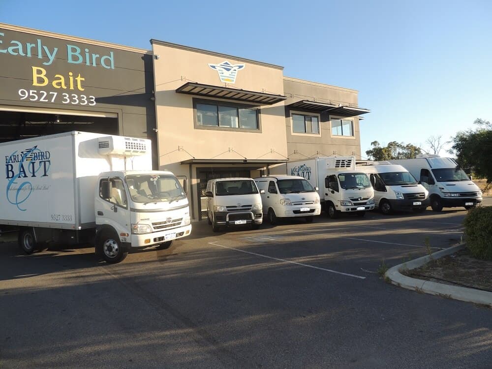 Earlybird Bait East Rockingham depot with delivery fleet parked outside
